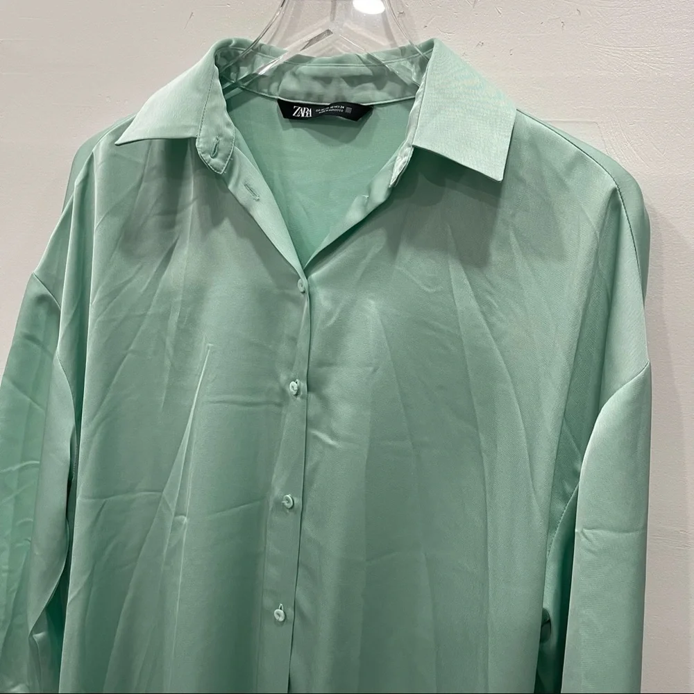 Zara Satin Effect Oversized Shirt Green Button Front XS